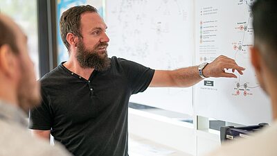 A man giving a presentation to a group, pointing at a large diagram on a whiteboard, in a professional setting.