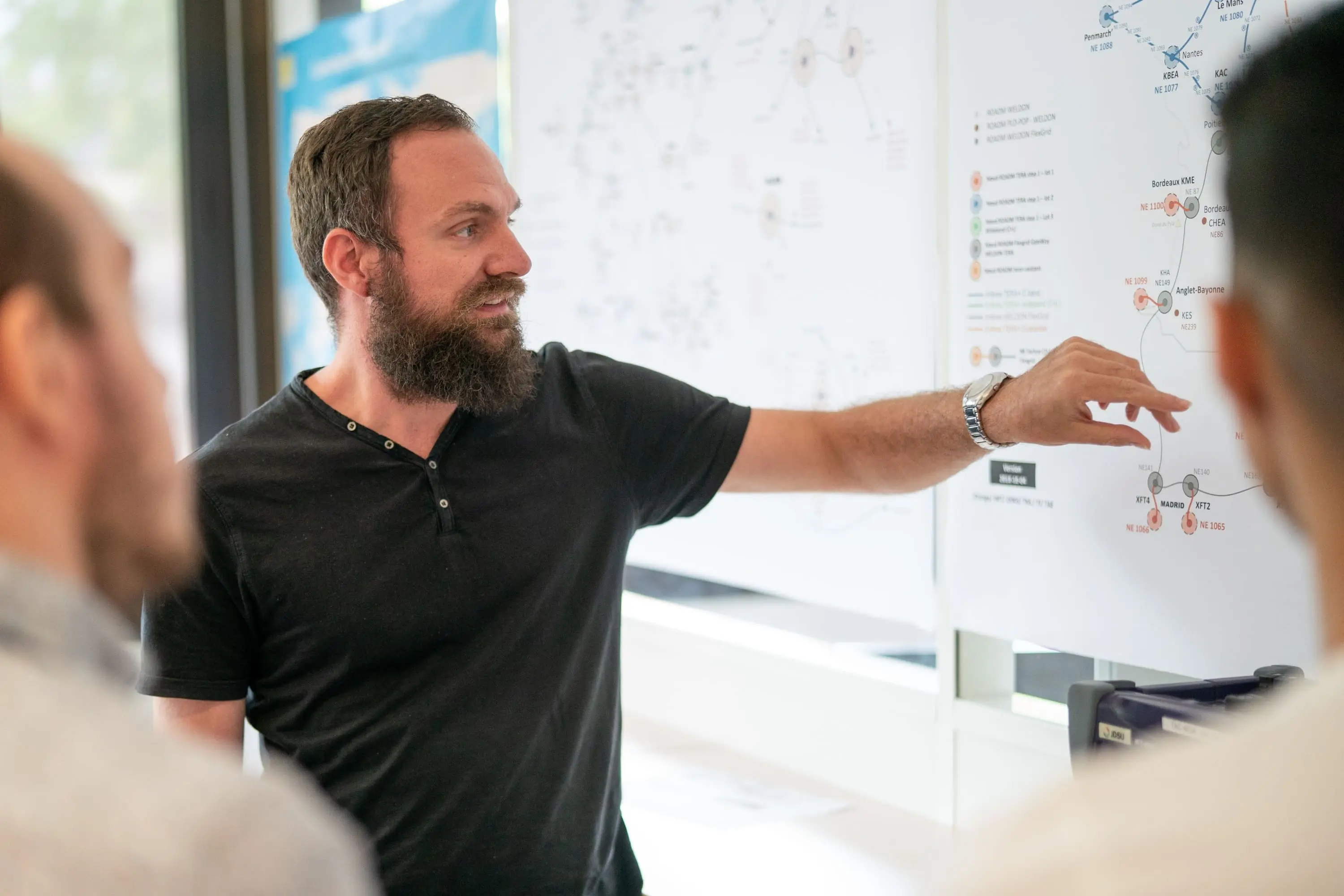 A man giving a presentation to a group, pointing at a large diagram on a whiteboard, in a professional setting.