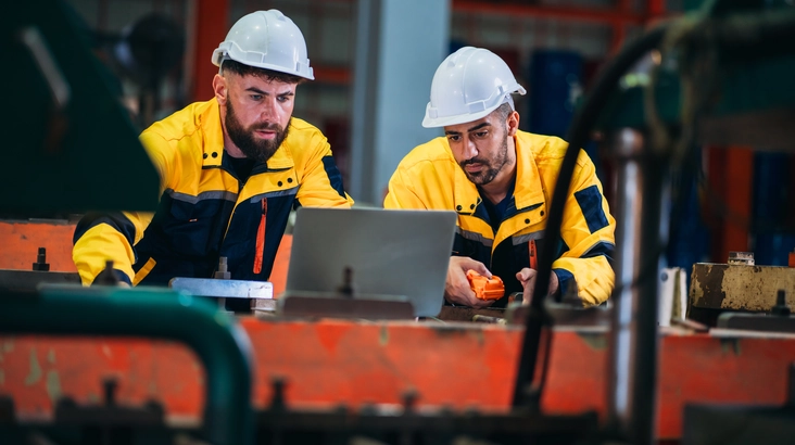 Afbeelding industrial mannen bij laptop
