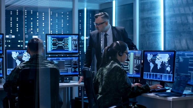 Cybersecurity situation room with experts at workstations