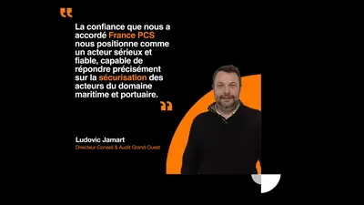 Interview de Ludovic Jamart sur le partenariat entre France PCS et Orange Cyberdefense Le visuel présente une citation de Ludovc Jamart, collaborateur d'Orange Cyberdefense, sur le partenariat avec France PCS.