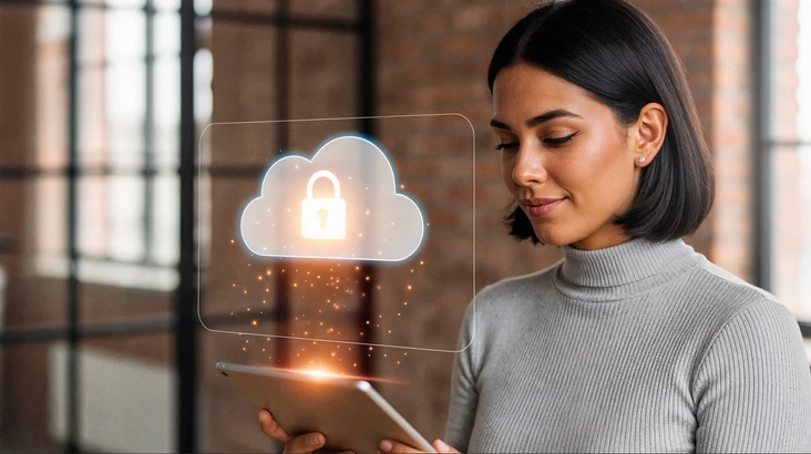 une femme lit une tablette qui projette un nuage sécurisé