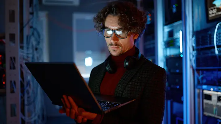 homme devant un ordinateur dans un data center