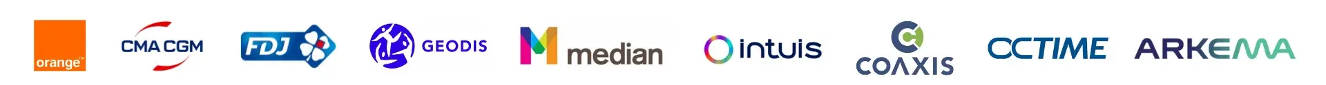 Logos des clients Orange, CMA CJM, FDJ, Geodis, Median, Intuis, Coaxis, Octime