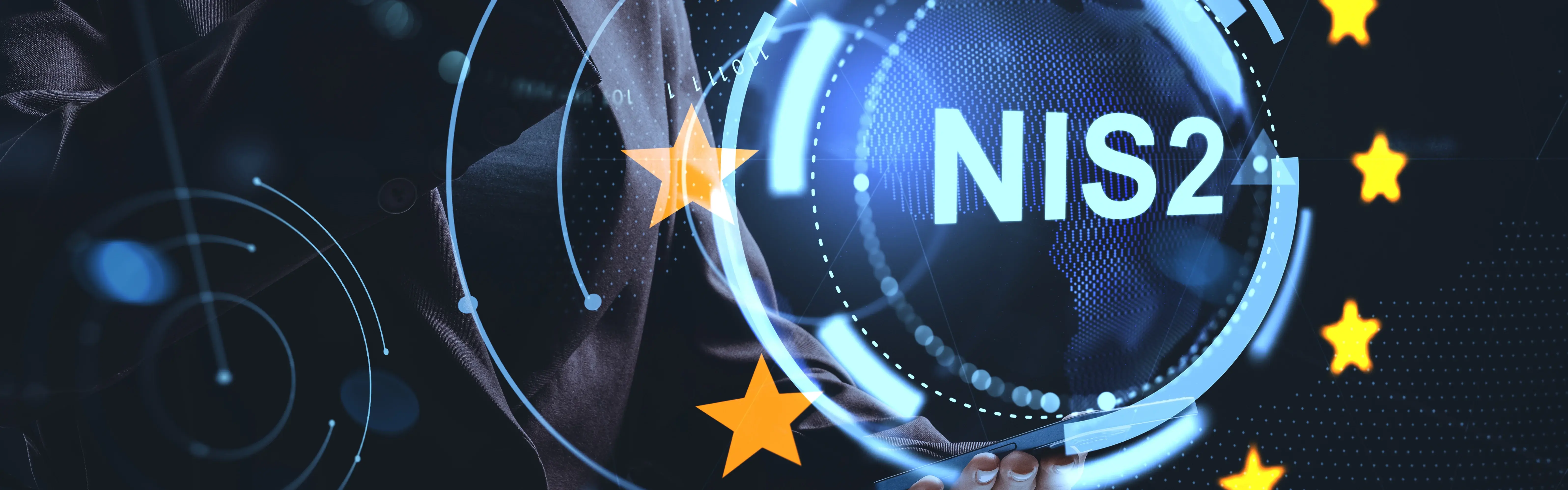 Illustration: NIS2 & Europa Sterne Illustration zu C-Level ready for NIS2 mit digitalen Netzwerk- und Sicherheitssymbolen sowie EU-Sternen.