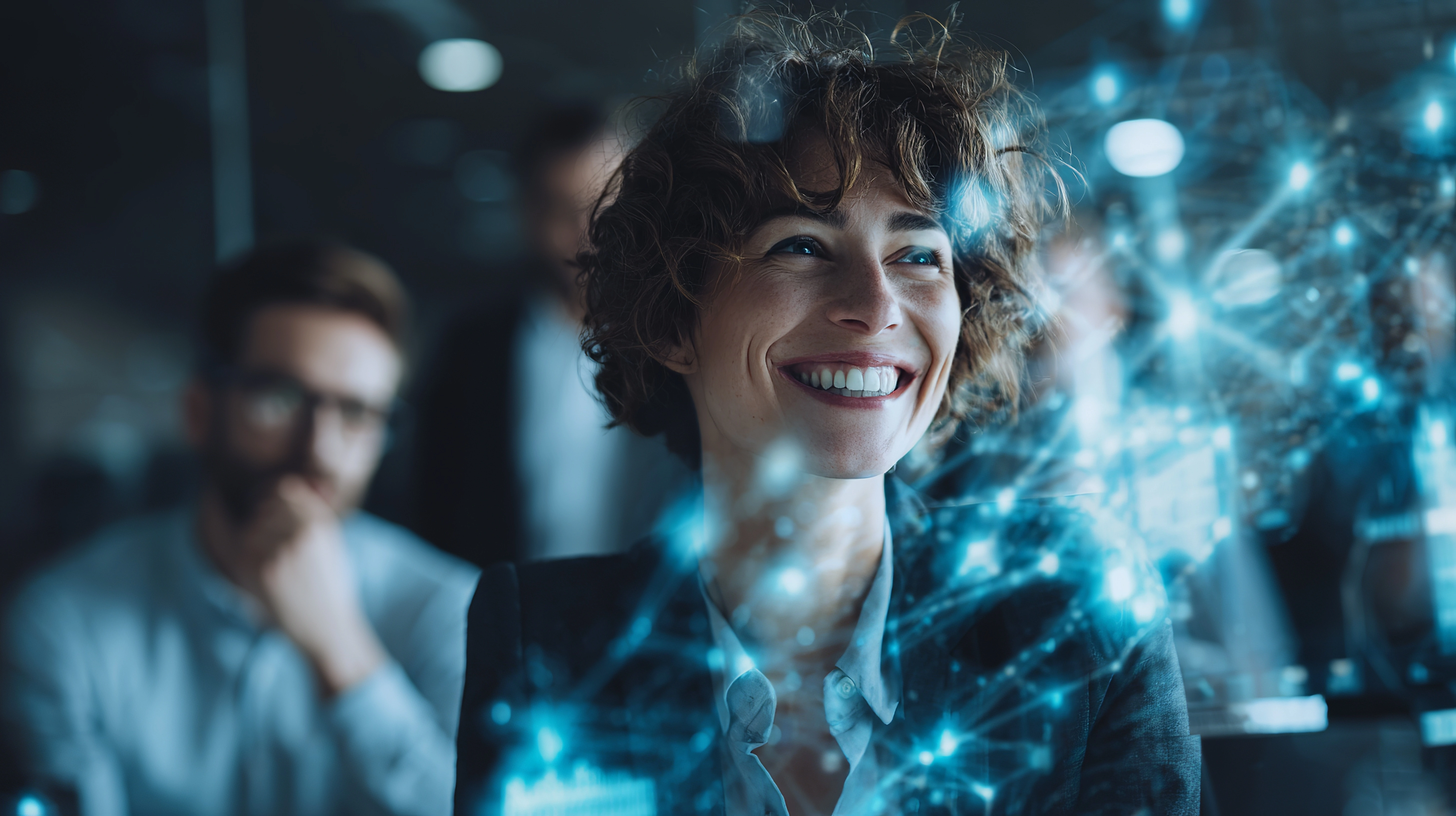 Woman smiling at a digital web