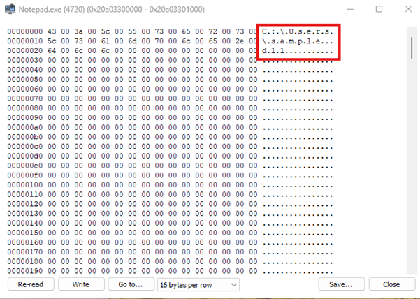 Hex-Dump des injizierten DLL-Pfads im Zielprozess