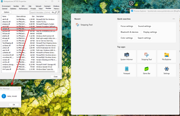 Injektion der „sample.dll“ in Notepad.exe